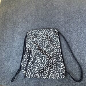 Mixed Bag Designs Drawstring Backpack Black White Floral Zipper Pockets Travel